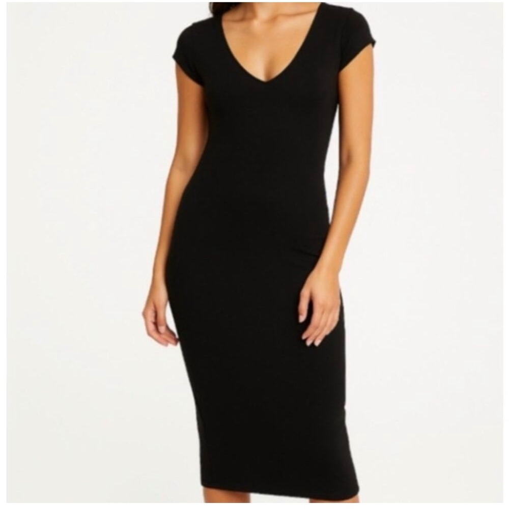 See You Monday Bodycon Dress Womens Small Black V-Neck Cap Sleeve Midi LBD